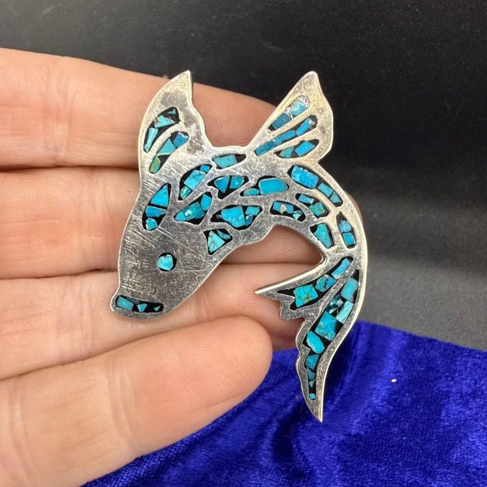 Vintage Taxco Sterling Silver Brooch Fish Crushed‎ Turquoise Inlay Mexico